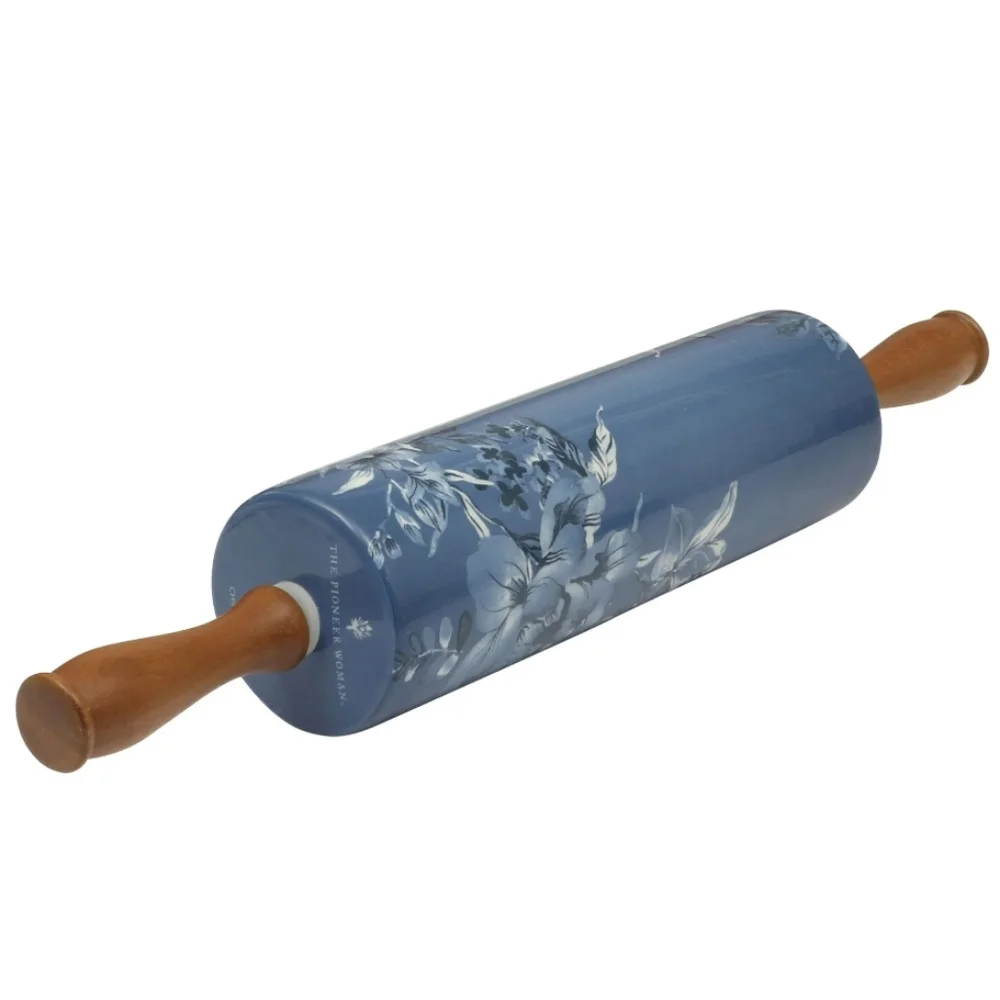 ❤️ New 2025 Pioneer Woman Delilah Blue Ceramic Rolling Pin With Olivewood Handle